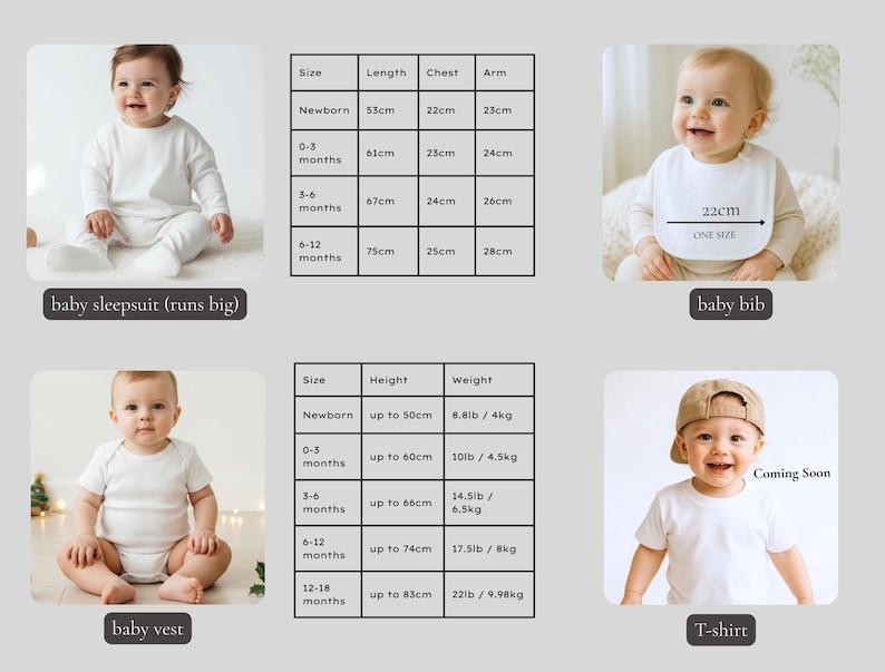 The image is a collage of four photos depicting different stages of a baby's growth, including a newborn, a baby sleeping in a bib, a baby wearing a bib, and a baby wearing a vest.
