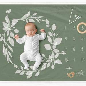 Manta de hitos con nombre personalizado, accesorio fotográfico de hitos mensuales para bebé, manta de mes de bebé personalizada estilo bohemio, tapete de hitos verde salvia para niña
