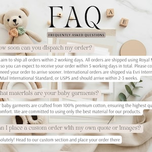 a collection of frequently asked questions and answers related to the shipping and ordering process for a company that specializes in baby garments. The questions cover topics such as order arrival, international shipping, materials, and placing custom orders.
