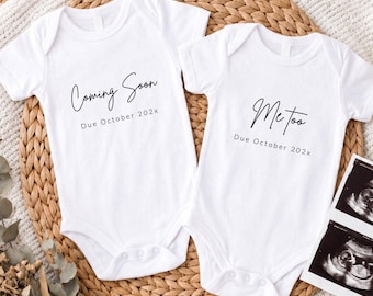 Pelele para bebé "Próximamente gemelos", body para bebé con fecha de parto anunciada, ropa para anunciar gemelos, body para anunciar el nacimiento de gemelos por FIV, sorpresa para gemelos