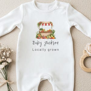 Personalized Locally Grown Baby Gift, Custom Farm Vest, Funny Baby Announcement Bodysuit, Boho Newborn Keepsake Outfit