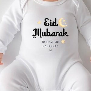 Personalised Long Sleeve Baby Grow, My First Eid Eid Mubarak Moon Babygrow, Islamic Muslim Baby Clothes, Eid Keepsake Present