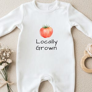 Locally Grown Baby Grow, Custom Keepsake Clothes, Unique Newborn Bodysuit, Farmer Gift Baby Vest, Home Grown Tomatoes