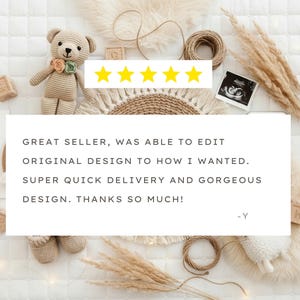 a cozy and warm scene with a teddy bear, a woven basket, and some text and images. The text appears to be a review or comment expressing gratitude for the seller's ability to edit the original design to meet the customer's preferences, highlighting the quick delivery and gorgeous design.
