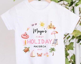 Personalised Girl First Holiday Outfit Baby Grow, Beach Summer Holiday Shirt, Custom Kids Travel Romper, First Time Flyer Baby Gift