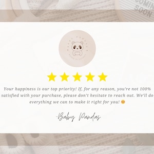 a text box with a rating system, featuring a panda bear logo and a five-star rating. The text box is set against a beige background with a white border.