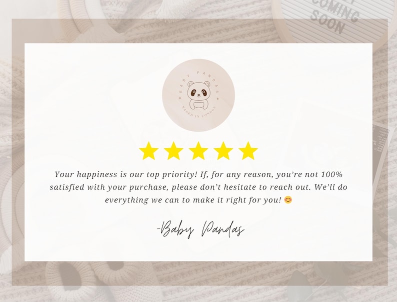 a text box with a rating system, featuring a panda bear logo and a five-star rating. The text box is set against a beige background with a white border.