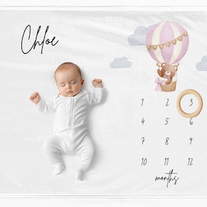 Manta de hitos personalizada para niña, tapete de hitos mensuales para niña, manta de mes personalizada para bebé, regalo de hito de osito de peluche personalizado para bebé
