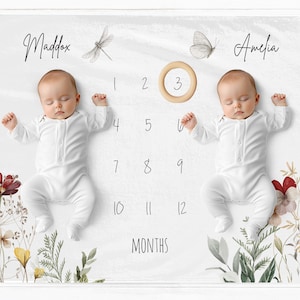 Manta de flores silvestres para gemelos, manta de hitos para niñas, regalo para baby shower de gemelos, regalo personalizado para bebé, tapete floral para hitos de gemelos