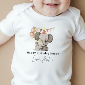 Personalised Happy Birthday Dad Gift, Custom First Birthday Daddy Present, Baby Grow For Dino Lovers, Elephant Dad & Baby Item