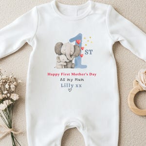 Happy First Mother&#39;s Day Babygrow, Elephant Baby Grow, Personalised Gift For Mum, Custom Baby Outfit for 1st Mother Day, Gift From Newborn
