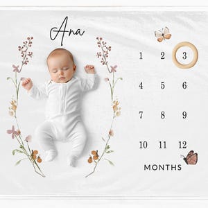 Manta personalizada para hitos de niña, regalo de baby shower con foto de hitos de bebé con flores silvestres, manta mensual personalizada para bebé, regalo personalizado para bebé