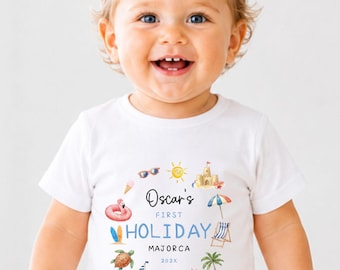 Personalised Boy First Holiday Outfit Baby Grow, Beach Summer Holiday Shirt, Kids Travel Vacation Romper, First Time Flyer Baby Outfit