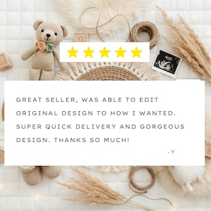 a cozy and warm scene with a teddy bear, a woven basket, and some text and images. The text appears to be a review or comment expressing gratitude for the seller's ability to edit the original design to meet the customer's preferences, highlighting the quick delivery and gorgeous design.