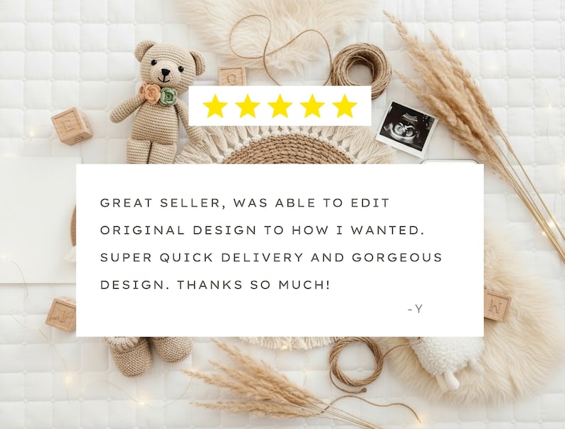 a cozy and warm scene with a teddy bear, a woven basket, and some text and images. The text appears to be a review or comment expressing gratitude for the seller's ability to edit the original design to meet the customer's preferences, highlighting the quick delivery and gorgeous design.