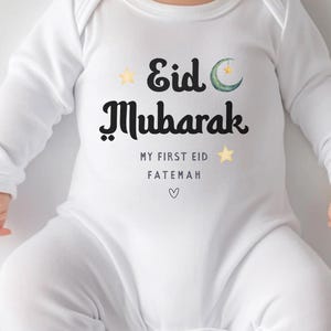 Eid Mubarak Moon Personalised Babygrow, Baby&#39;s 1st Eid Baby Grow, Islamic Muslim Sleepsuit, Baby Clothes Keepsake, Long Sleeve Baby Vest