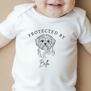 Protected By Fur Sibling Baby Grow, Dog Name Newborn Gift, Custom Dog Breed Baby Vest, Dog Lover Baby Clothes, New Best Friend Baby Outfit