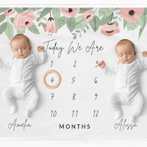 Twins Milestone Blanket for Girls, Floral Twins Milestone Blanket, Flower Milestone Mat, Twins Milestone Prop, Baby Monthly Growth Blanket