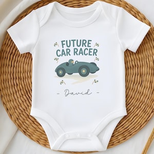 Future Racer Baby Grow Personalised, Motorsport Enthusiast Baby Clothes, Racing Theme Toddler Outfit, Gift for Speed Loving Parents and Kids