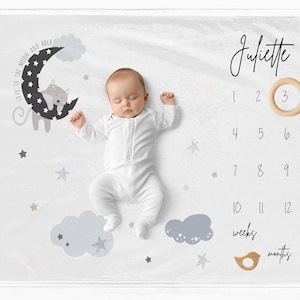 Manta de hitos con nombre personalizado, accesorio fotográfico de hitos mensuales del bebé, manta de mes de bebé personalizada estilo boho, te amo hasta la luna y de regreso