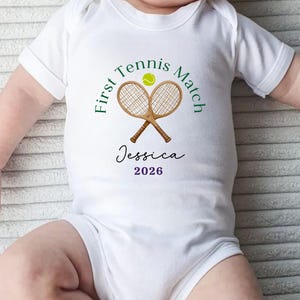 My First Tennis Match Baby Gift, Personalised Tennis Baby Bodysuit, Tennis Match Outfit, Cute New Baby Tennis Club Keepsake