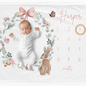 Manta de hitos con nombre para bebé, regalo de baby shower con foto de hitos mensuales para bebé, manta personalizada para el mes del bebé, personalizada