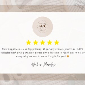 a text box with a rating system, featuring a panda bear logo and a five-star rating. The text box is set against a beige background with a white border.