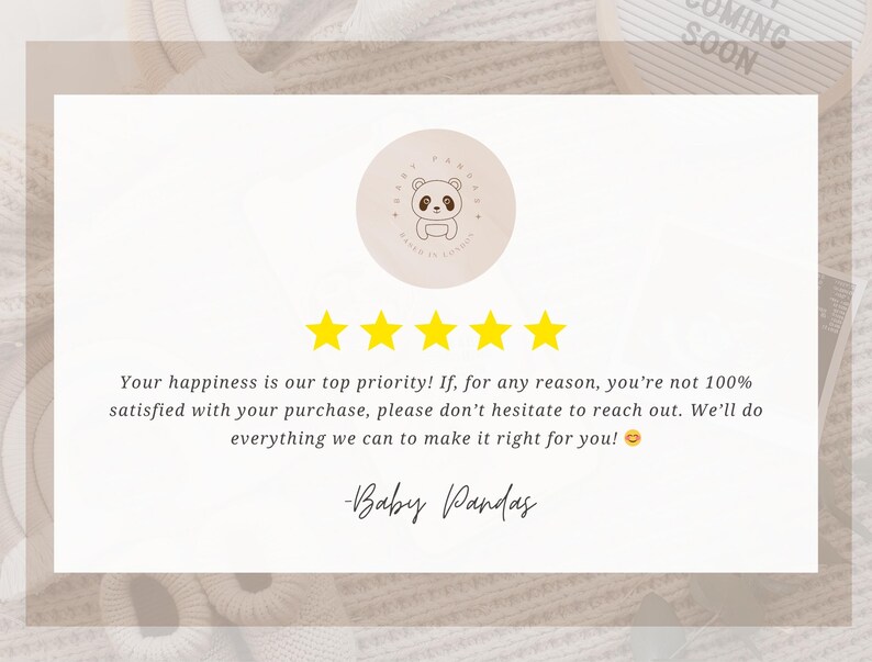 a text box with a rating system, featuring a panda bear logo and a five-star rating. The text box is set against a beige background with a white border.