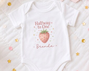 Halfway To One Strawberry Vest, Bodysuit , Shirt for Six Months Pink Cake Smash