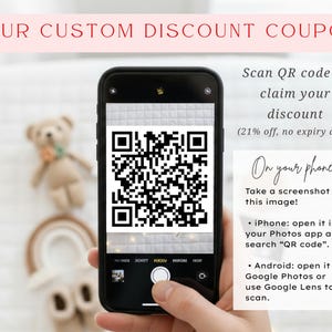 a person holding a smartphone with a QR code displayed on the screen. The QR code appears to be a custom discount code, and the text suggests that the user can claim a discount by scanning the code on their phone.