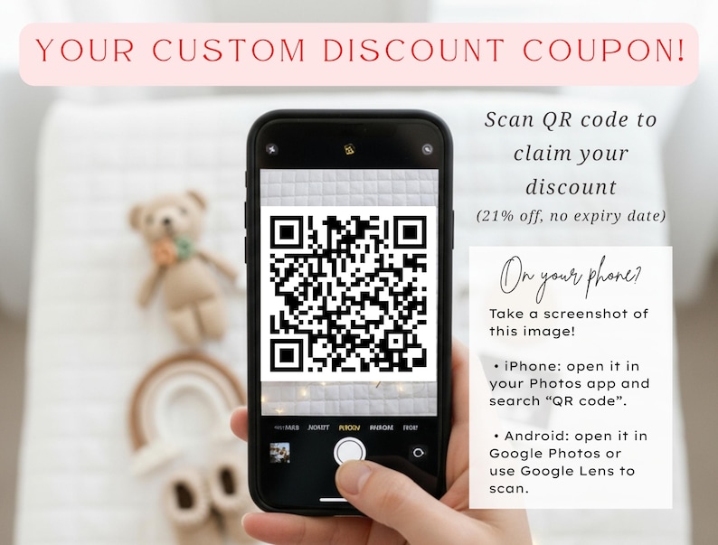 a person holding a smartphone with a QR code displayed on the screen. The QR code appears to be a custom discount code, and the text suggests that the user can claim a discount by scanning the code on their phone.
