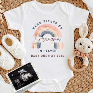 Handpicked by Grandma in Heaven Baby Grow, Personalised Baby Coming Soon Keepsake, Pregnancy Announcement in the Memorial of Grandparents