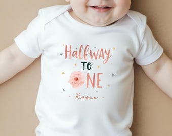 Half Way to One Rose Baby Outfit, Custom Rose Baby Gifts, Half Birthday Girl Bodysuit, Pink Flowers 1/2 Birthday Celebration Baby Onsie