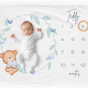 Manta de hitos de oso para niño, tapete de hitos mensuales para bebé niño, manta de mes personalizada para bebé, regalo de hitos de bebé personalizado, osito de peluche