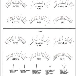 Può includere: Un diagramma che mostra diversi stili di applicazione delle ciglia, tra cui Open, Classic Cat, Natural, Kitten, Fox e Kim. Il diagramma mostra le lunghezze delle ciglia per ogni stile, che vanno da 9 a 17 mm e da 7 a 14 mm. Il diagramma include anche una descrizione delle tecniche di applicazione delle ciglia per ogni stile, come Open Spikes, Closed Spikes, Narrow Fans, Normal Fans e Wide Fans.