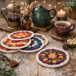 May include: A collection of colorful, handmade crochet coasters in various patterns. The coasters feature a mix of warm colors like orange, red, and yellow, with a white border. The image also includes a teapot, teacup, and other tea-related items.