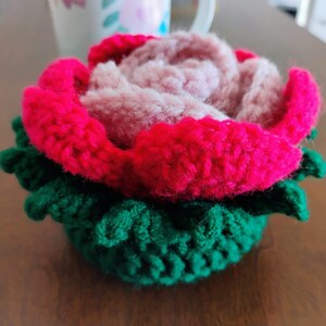 Puede incluir: Una flor de crochet con un centro rosa y pétalos rojos, rodeada de hojas verdes de crochet.
