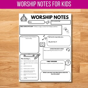 Op de afbeelding: Zwart-witte printbare werkblaad voor kinderen met de titel "Worship Notes for Kids". De werkblaad bevat secties om de datum, de predikant, een bijbelvers, een favoriet lied, een tekening van het gezin en een reflectie op de preek op te schrijven.