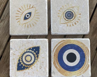 Handgemachtes Evil Eye Untersetzer-Set — Natürliche rustikale Untersetzer für Wohnkultur, Housewarming oder Hochzeitsgeschenk