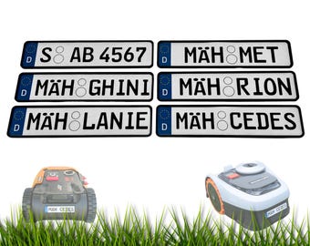 Personalized license plates for robotic lawnmowers from Worx, Navimow, Kress, Ecovacs, Gardena, Husqvarna, Landxcape, Bosch and many more.