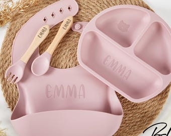 Personalized Silicone Weaning Set,Cartoon Weaning Set for Toddler Baby Kids,Feeding Set with Name,Eco-Friendly,Baby Plate,Baby Shower Gift