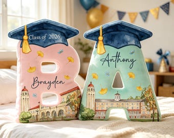 Custom University Photo Letter Pillow, Personalized College Campus Cushion, Intital Pillow, Graduate Keepsake Gift