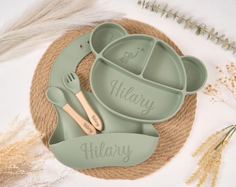 Personalized Silicone Weaning Set,Cartoon Weaning Set for Toddler Baby Kids,Feeding Set with Name,Eco-Friendly,Baby Plate,Baby Shower Gift