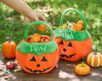 Personalized Halloween Basket - Custom Pumpkin Bucket with Name, Embroidered Trick or Treat Bag, Pumpkin Bucket for Kids, Gift for Child