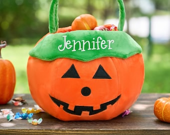Personalized Halloween Basket - Custom Pumpkin Bucket with Name, Embroidered Trick or Treat Bag, Pumpkin Bucket for Kids, Gift for Child
