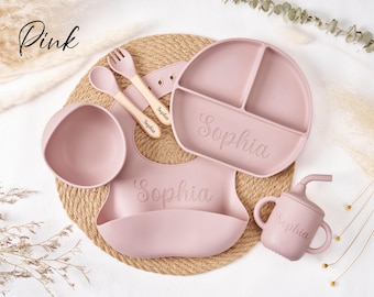 Personalized Silicone Baby Weaning Set with Name, Engraved Bib and Bowl, Custom Feeding Set for Babies Toddlers Kids