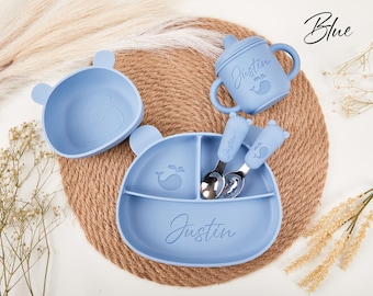 Personalized Silicone Weaning Set,Cartoon Weaning Set for Toddler Baby Kids,Feeding Set with Name,Eco-Friendly,Baby Plate,Baby Shower Gift