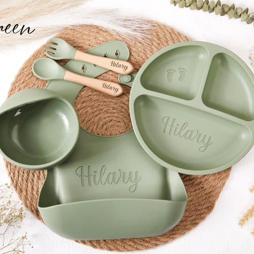 Personalized Silicone Weaning Set,Cartoon Weaning Set for Toddler Baby Kids,Feeding Set with Name,Eco-Friendly,Baby Plate,Baby Shower Gift