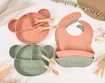 Personalisiertes Fütterungsset mit Namen, Cartoon-Weaning-Set für Kleinkind-Baby-Kind, umweltfreundlicher Babyteller, Silikon-Weaning-Set, Babypartygeschenk