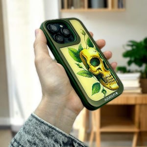 Skull iPhone 14 pro Case, Handcrafted Original Handpainted Skeleton iphone Case with Metal Frame, Epoxy Coating, Gift for Men, iphone Gift